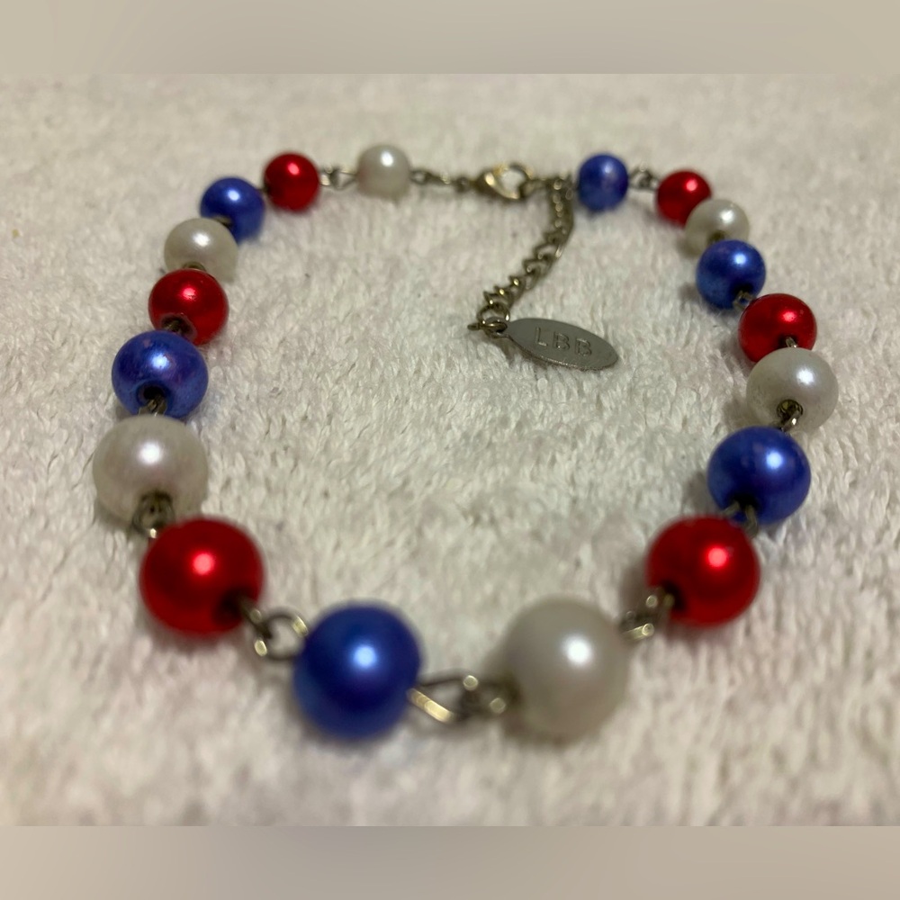 LBB Red, White, and Blue Beaded Bracelet Patriotic Theme Adjustable Chain